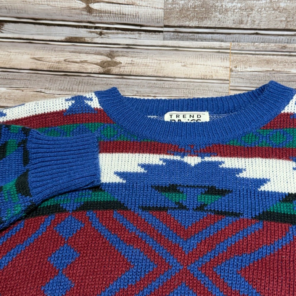 Trend Basics Vintage 90s Southwestern Geometric Knit Sweater Blue Burgundy Large